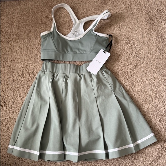 Varley- NWT Sage Green and White Sports Bra and Mini Skirt Matching Workout Set - Picture 3 of 6